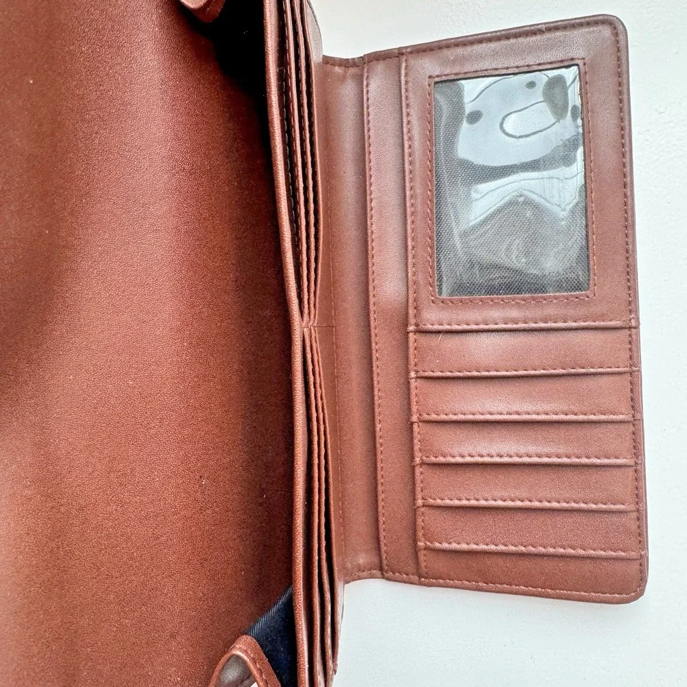 Espirit Wallet Green/White Plaid Brown Vegan‎ Leather 11 Card Slots Organizer